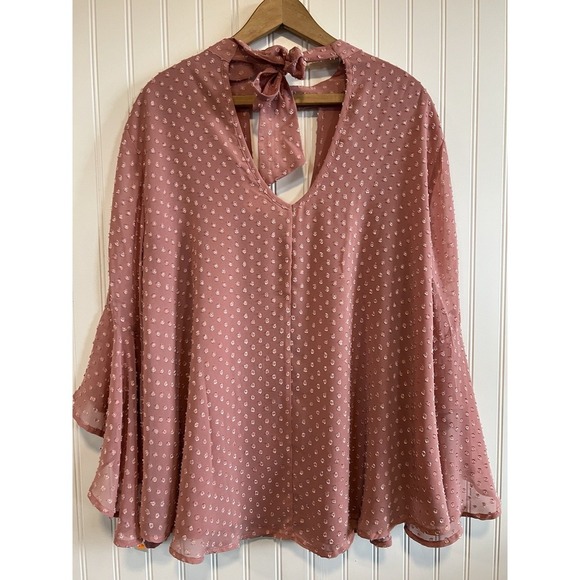 Band Of Gypsies Blouse M Pink Blush Tunic Sheer Angel 3/4 Sleeve Tied Flowy NWT - Picture 2 of 8